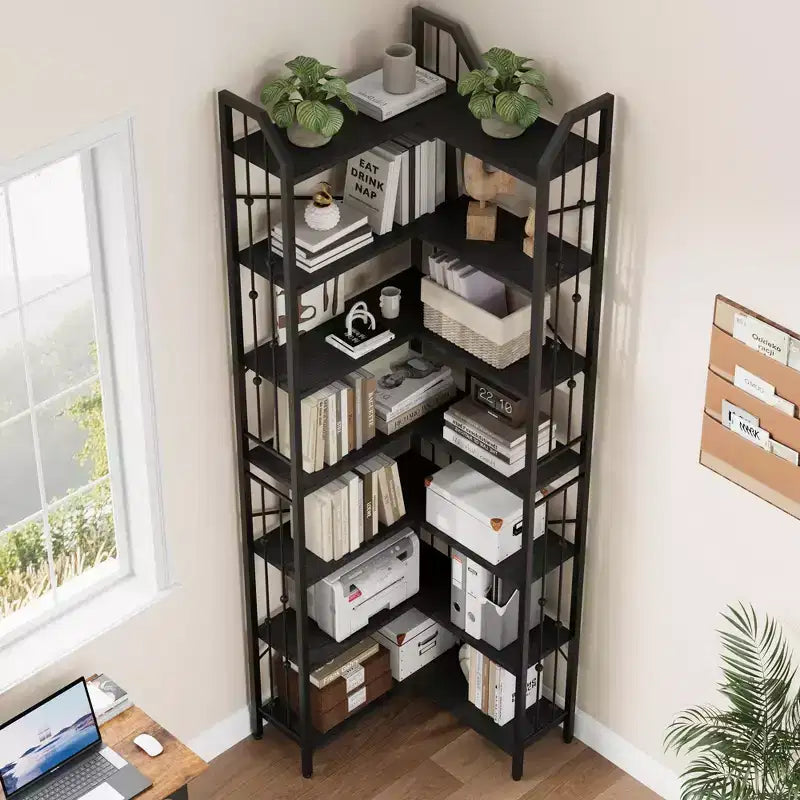 Tall Corner Bookshelf, L-Shaped 5/7 Tier Bookcase with Metal Frame, Space-Saving Design