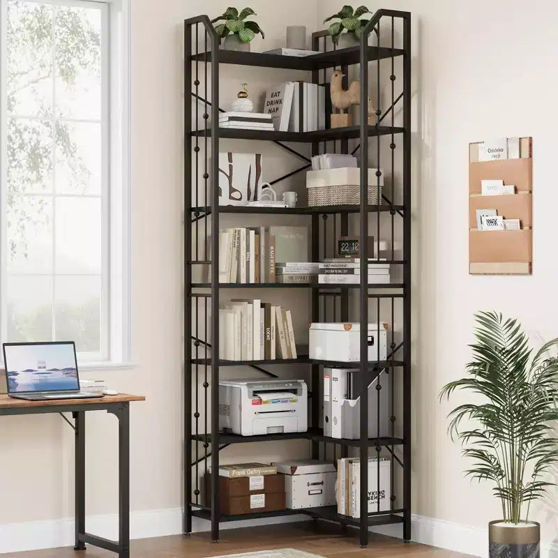 Tall Corner Bookshelf, L-Shaped 5/7 Tier Bookcase with Metal Frame, Space-Saving Design