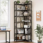 Tall Corner Bookshelf, L-Shaped 5/7 Tier Bookcase with Metal Frame, Space-Saving Design
