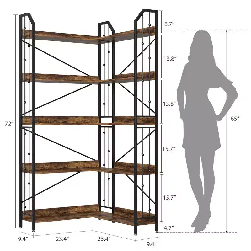 Tall Corner Bookshelf, L-Shaped 5/7 Tier Bookcase with Metal Frame, Space-Saving Design