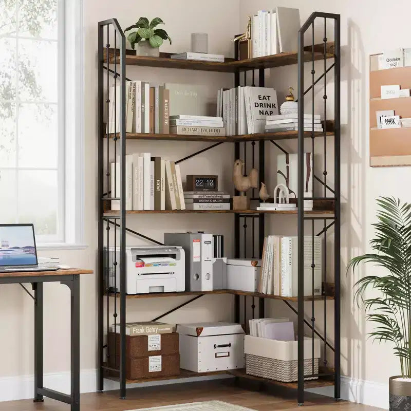 Tall Corner Bookshelf, L-Shaped 5/7 Tier Bookcase with Metal Frame, Space-Saving Design