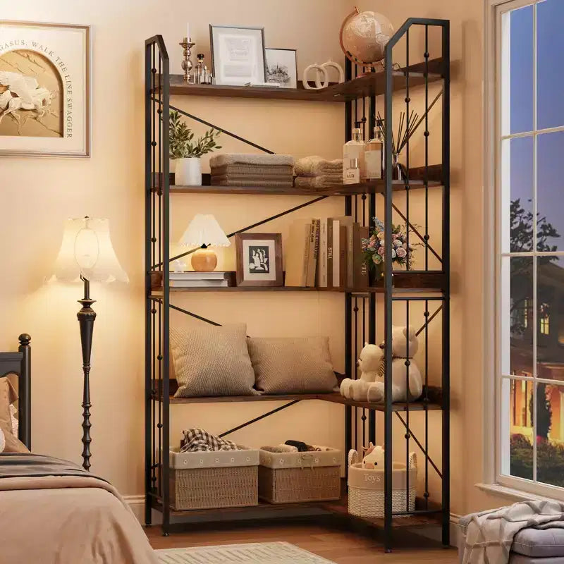 Tall Corner Bookshelf, L-Shaped 5/7 Tier Bookcase with Metal Frame, Space-Saving Design