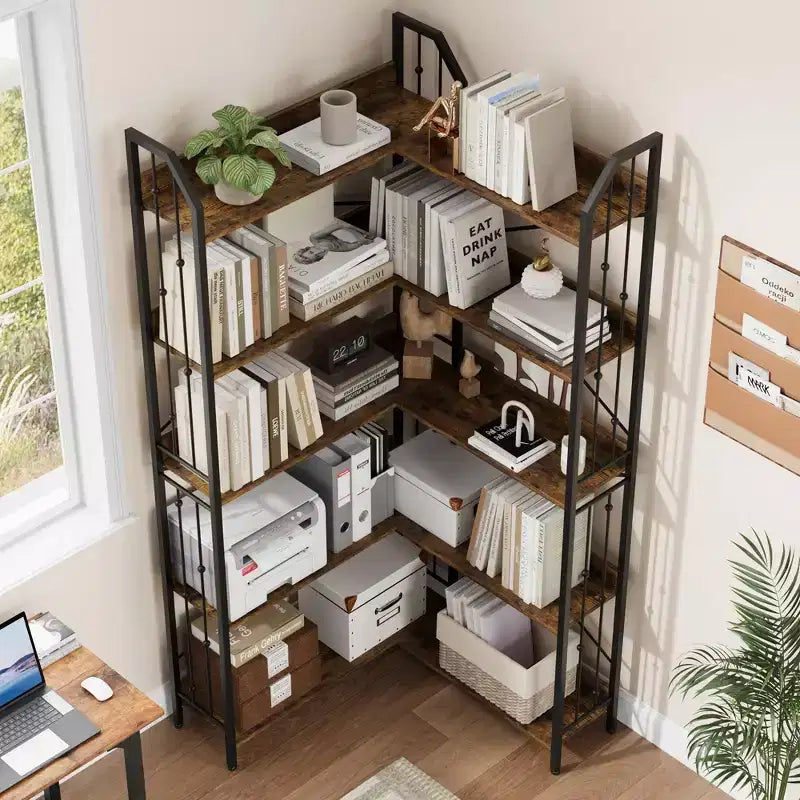 Tall Corner Bookshelf, L-Shaped 5/7 Tier Bookcase with Metal Frame, Space-Saving Design