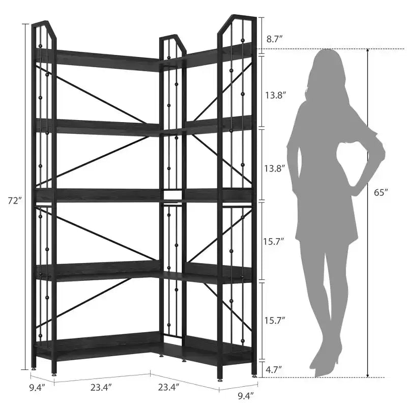 Tall Corner Bookshelf, L-Shaped 5/7 Tier Bookcase with Metal Frame, Space-Saving Design