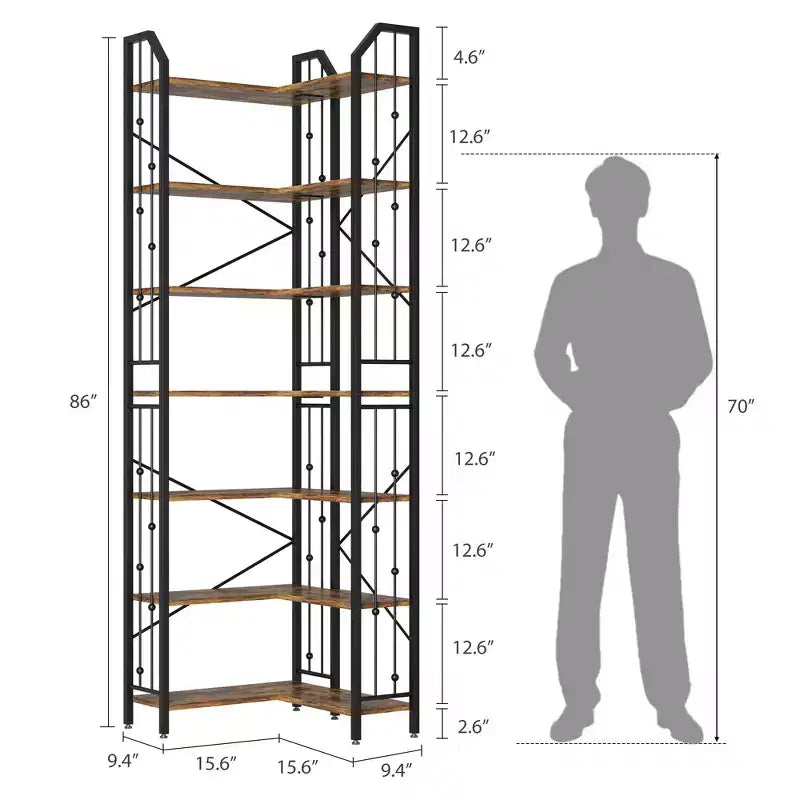 Tall Corner Bookshelf, L-Shaped 5/7 Tier Bookcase with Metal Frame, Space-Saving Design