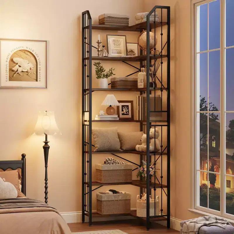 Tall Corner Bookshelf, L-Shaped 5/7 Tier Bookcase with Metal Frame, Space-Saving Design