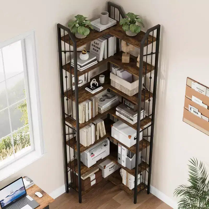 Tall Corner Bookshelf, L-Shaped 5/7 Tier Bookcase with Metal Frame, Space-Saving Design