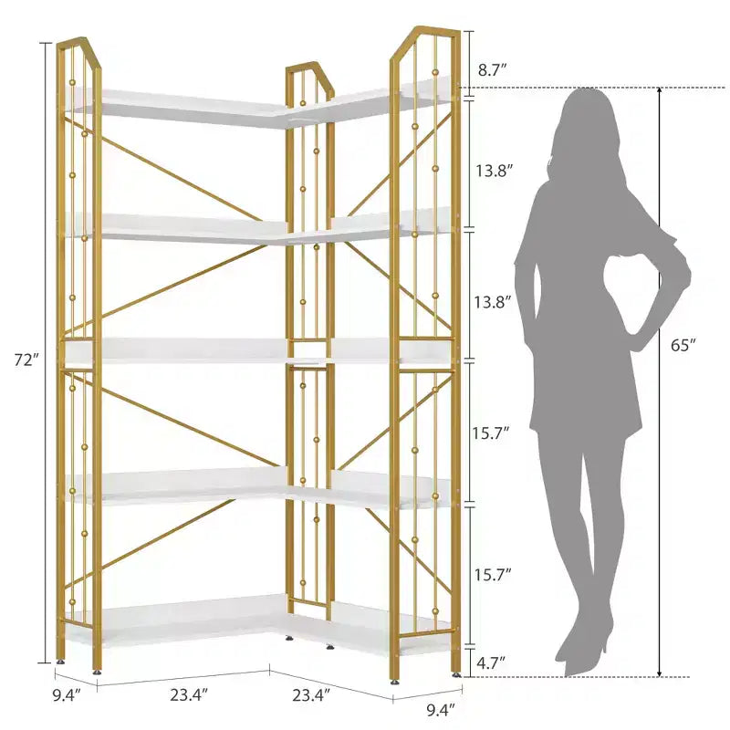 Tall Corner Bookshelf, L-Shaped 5/7 Tier Bookcase with Metal Frame, Space-Saving Design