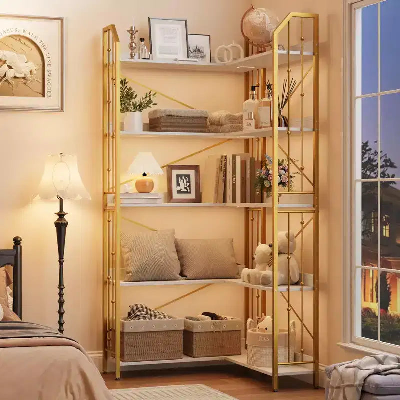 Tall Corner Bookshelf, L-Shaped 5/7 Tier Bookcase with Metal Frame, Space-Saving Design