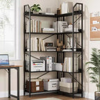 Tall Corner Bookshelf, L-Shaped 5/7 Tier Bookcase with Metal Frame, Space-Saving Design