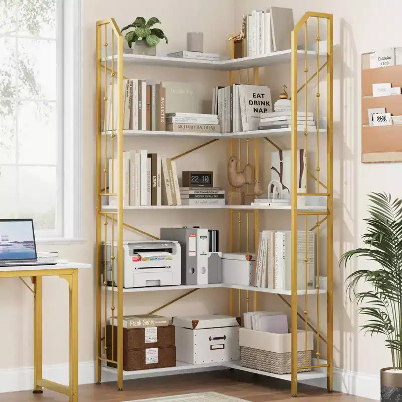 Tall Corner Bookshelf, L-Shaped 5/7 Tier Bookcase with Metal Frame, Space-Saving Design