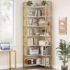 Tall Corner Bookshelf, L-Shaped 5/7 Tier Bookcase with Metal Frame, Space-Saving Design