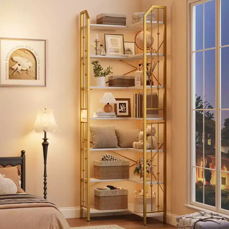 Tall Corner Bookshelf, L-Shaped 5/7 Tier Bookcase with Metal Frame, Space-Saving Design