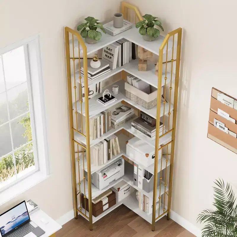 Tall Corner Bookshelf, L-Shaped 5/7 Tier Bookcase with Metal Frame, Space-Saving Design