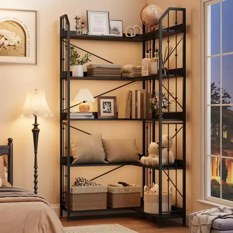 Tall Corner Bookshelf, L-Shaped 5/7 Tier Bookcase with Metal Frame, Space-Saving Design