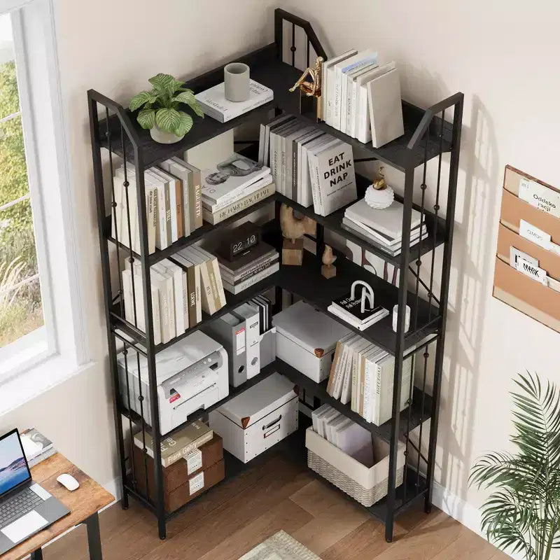 Tall Corner Bookshelf, L-Shaped 5/7 Tier Bookcase with Metal Frame, Space-Saving Design