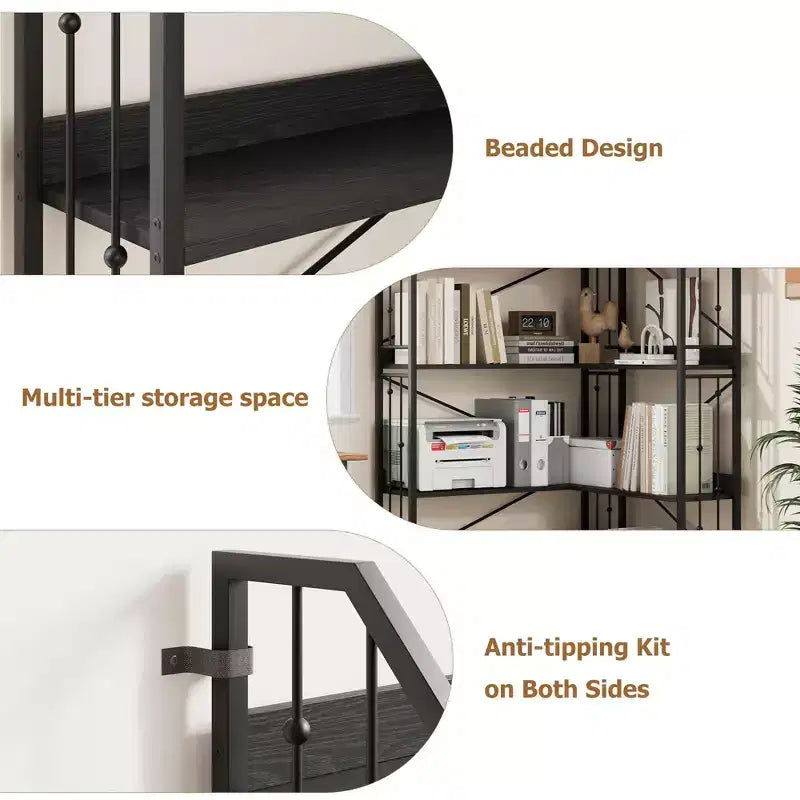 Tall Corner Bookshelf, L-Shaped 5/7 Tier Bookcase with Metal Frame, Space-Saving Design
