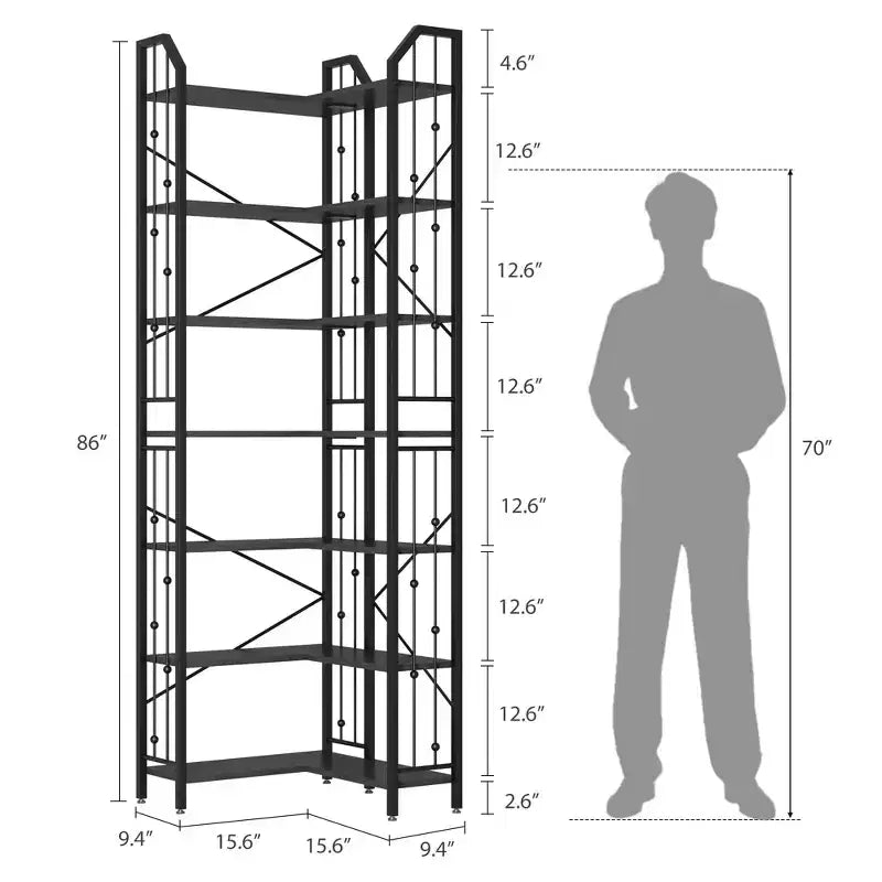 Tall Corner Bookshelf, L-Shaped 5/7 Tier Bookcase with Metal Frame, Space-Saving Design
