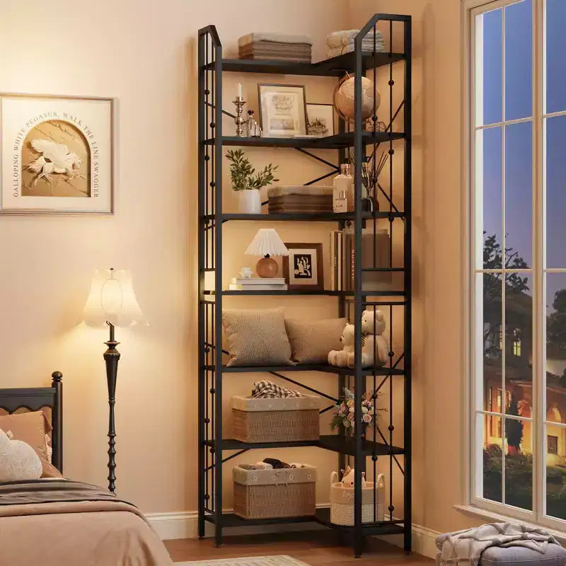 Tall Corner Bookshelf, L-Shaped 5/7 Tier Bookcase with Metal Frame, Space-Saving Design