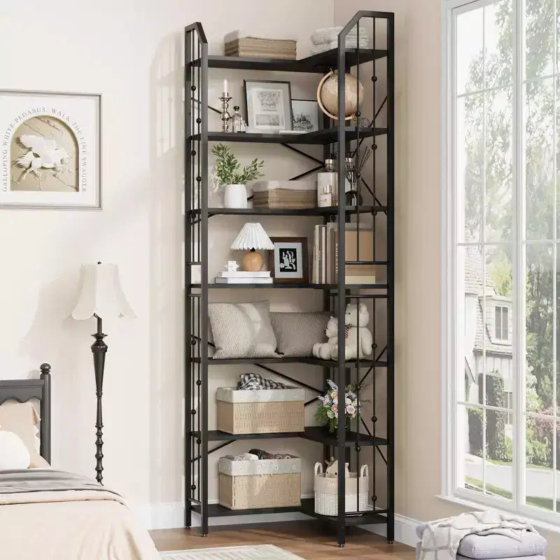 Tall Corner Bookshelf, L-Shaped 5/7 Tier Bookcase with Metal Frame, Space-Saving Design