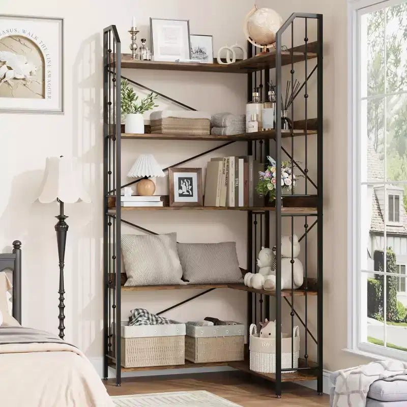 Tall Corner Bookshelf, L-Shaped 5/7 Tier Bookcase with Metal Frame, Space-Saving Design