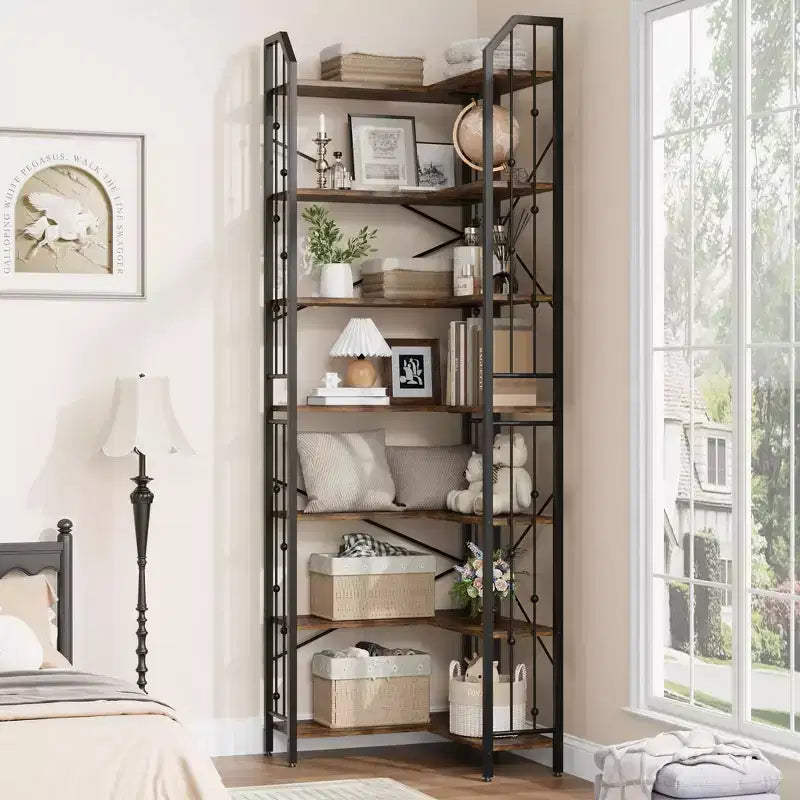 Tall Corner Bookshelf, L-Shaped 5/7 Tier Bookcase with Metal Frame, Space-Saving Design