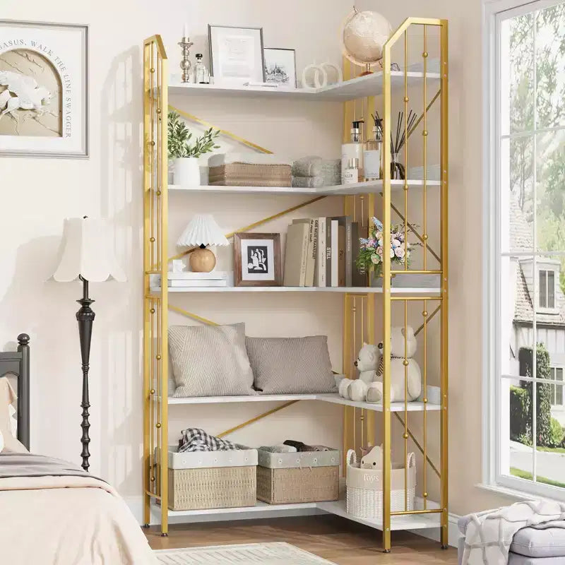 Tall Corner Bookshelf, L-Shaped 5/7 Tier Bookcase with Metal Frame, Space-Saving Design