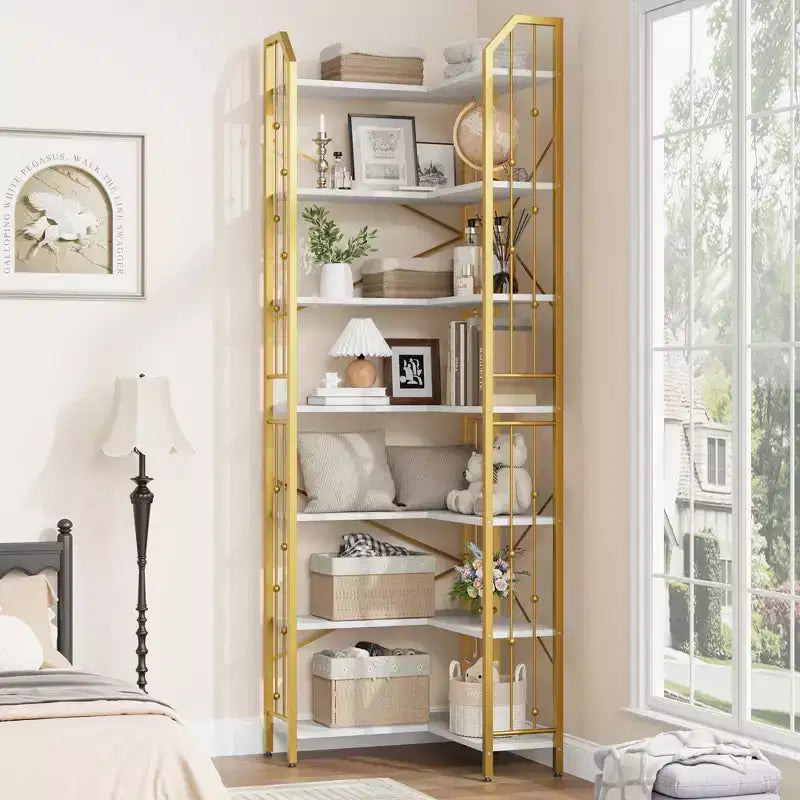 Tall Corner Bookshelf, L-Shaped 5/7 Tier Bookcase with Metal Frame, Space-Saving Design