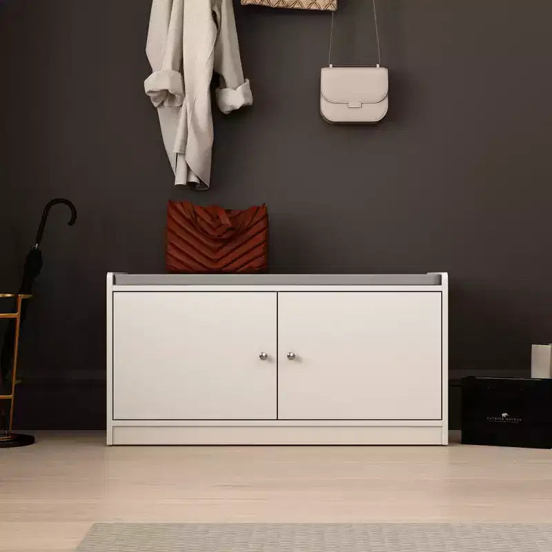 Hitow White Shoe Bench Shoe Cabinet with Grey Padded Top  2-Tier Entryway Storage Bench