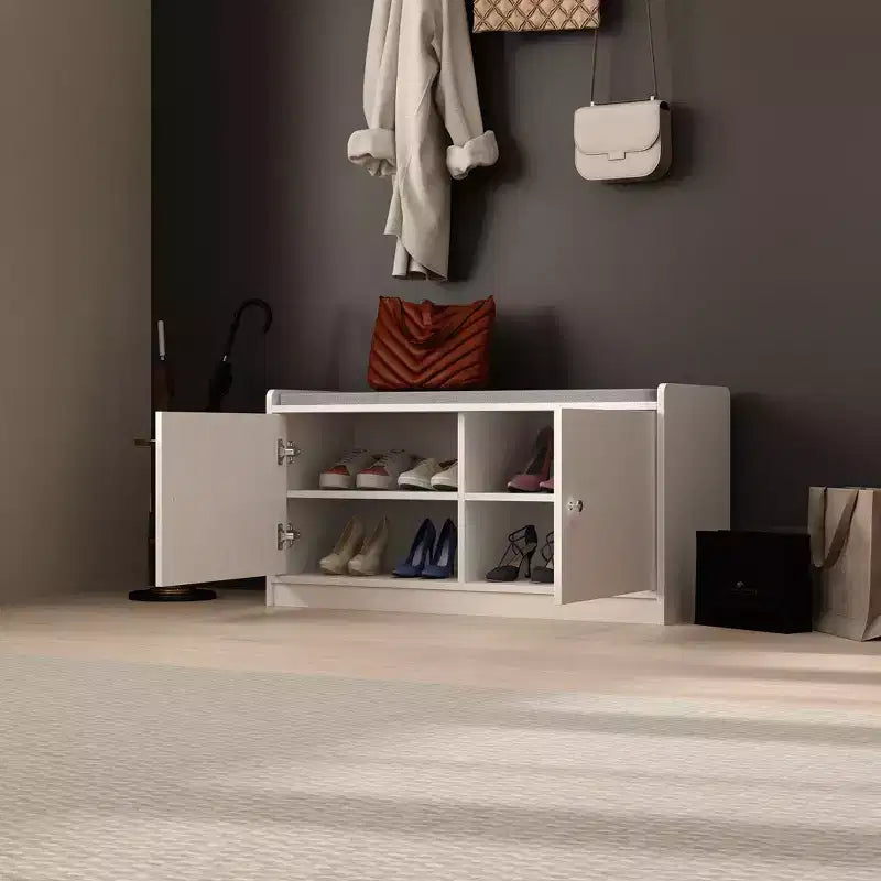 White Shoe Bench with Grey Padded Top - 2-Tier Entryway Storage Bench