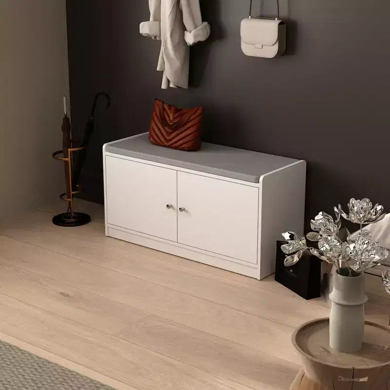 White Shoe Bench with Grey Padded Top - 2-Tier Entryway Storage Bench