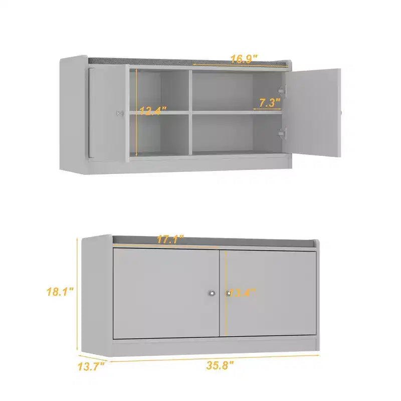 White Shoe Bench with Grey Padded Top - 2-Tier Entryway Storage Bench