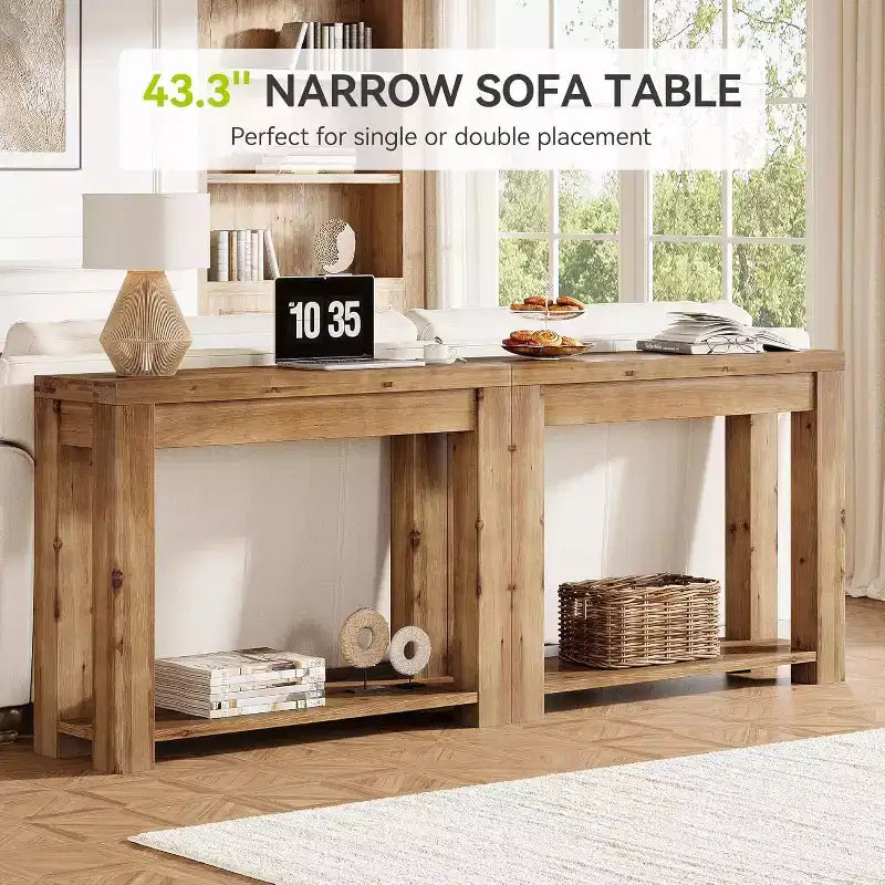 43.3-Inch Solid Wood Console Table, Farmhouse 2-Tier Entryway Table, Narrow Sofa Table Behind Couch for Living Room, Hallway, Foyer