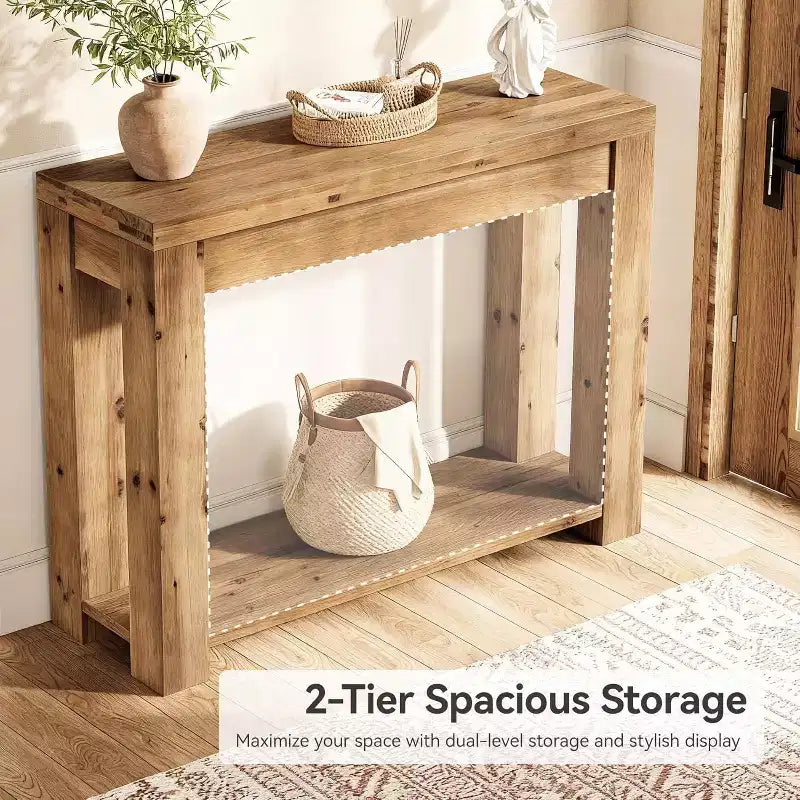 43.3-Inch Solid Wood Console Table, Farmhouse 2-Tier Entryway Table, Narrow Sofa Table Behind Couch for Living Room, Hallway, Foyer