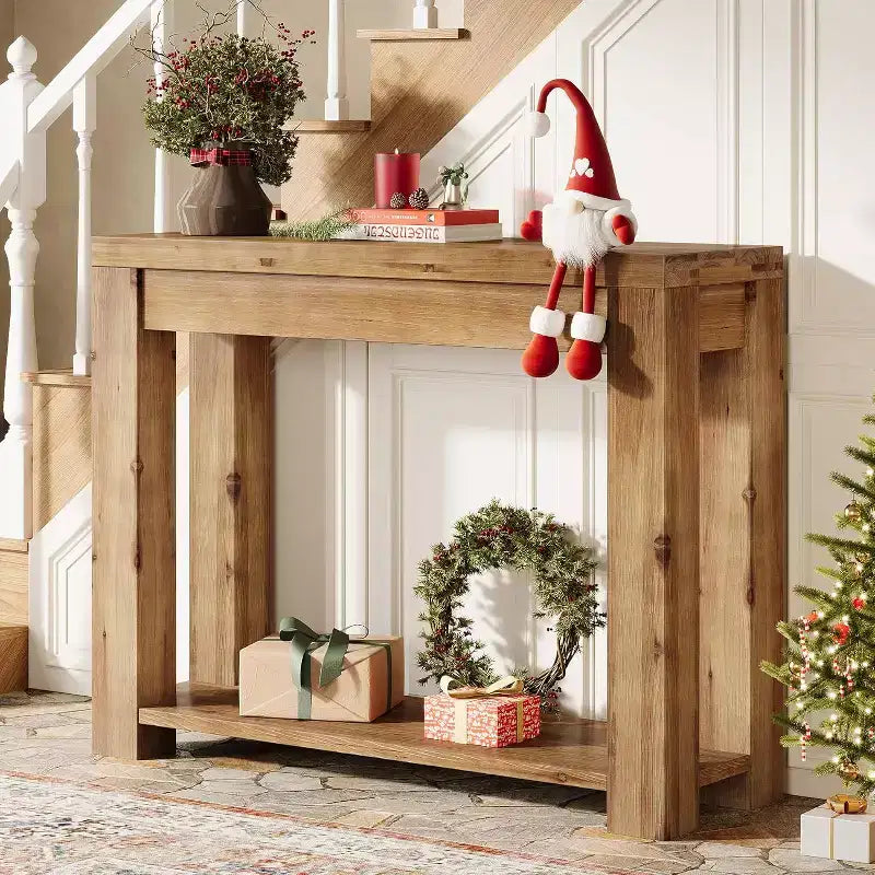 43.3-Inch Solid Wood Console Table, Farmhouse 2-Tier Entryway Table, Narrow Sofa Table Behind Couch for Living Room, Hallway, Foyer