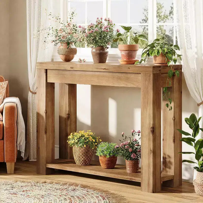 43.3-Inch Solid Wood Console Table, Farmhouse 2-Tier Entryway Table, Narrow Sofa Table Behind Couch for Living Room, Hallway, Foyer