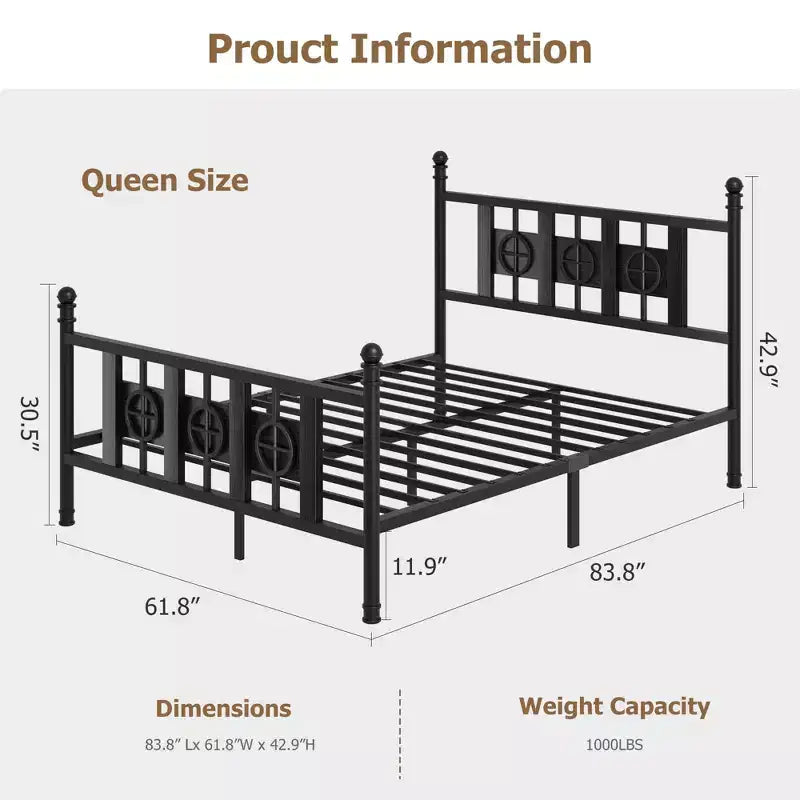 Metal Platform Bed Frame with Headboard & Under-Bed Storage