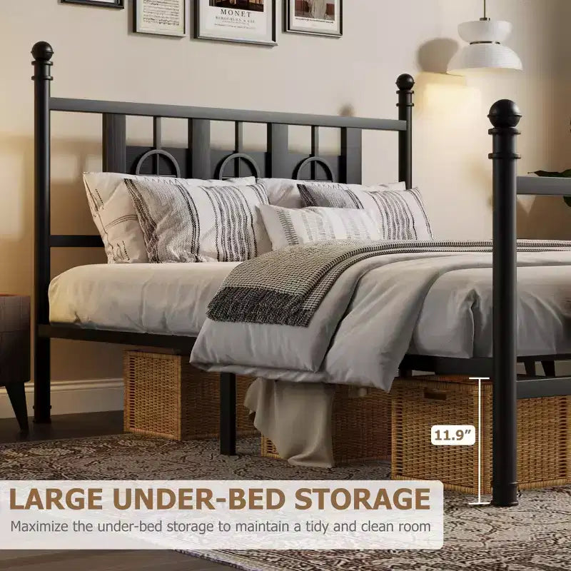 Metal Platform Bed Frame with Headboard & Under-Bed Storage