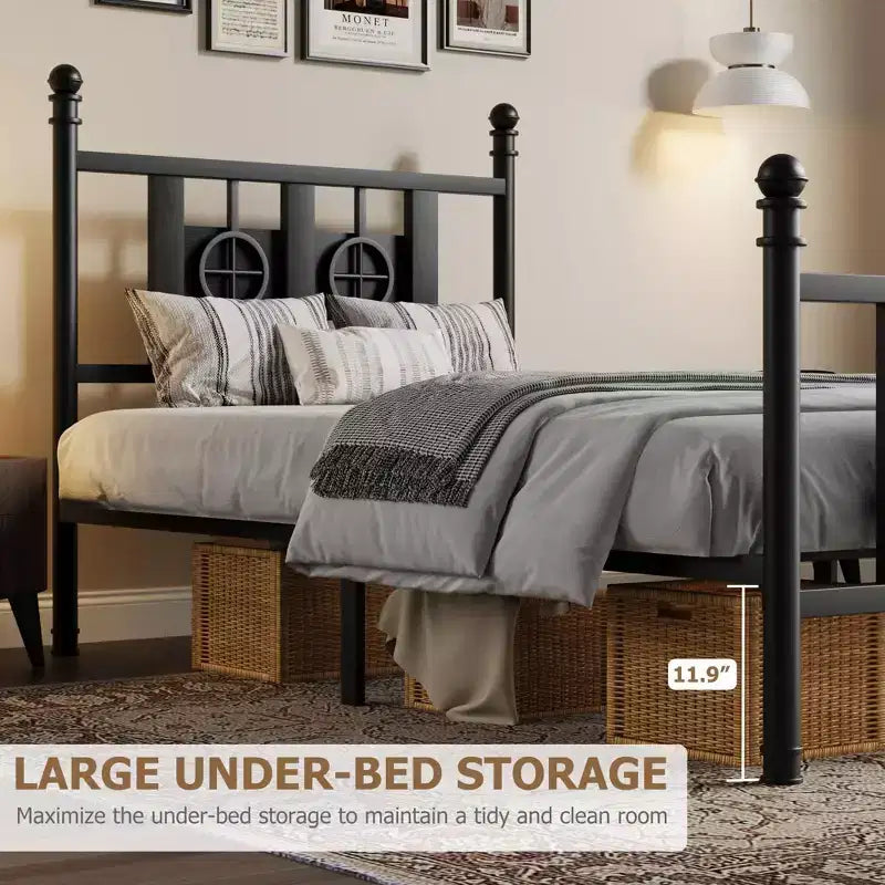 Metal Platform Bed Frame with Headboard & Under-Bed Storage