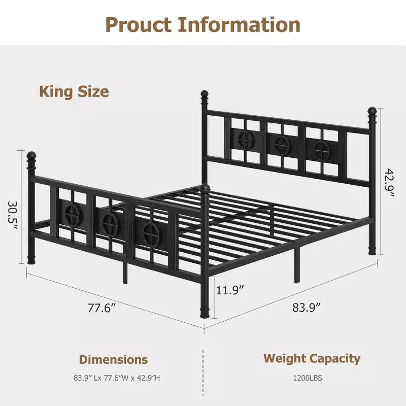 Metal Platform Bed Frame with Headboard & Under-Bed Storage