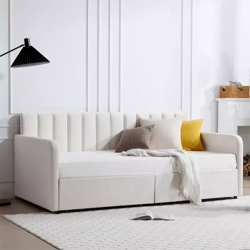 Twin Size Beige Velvet Upholstered Daybed with Ribbed Tufted Backrest