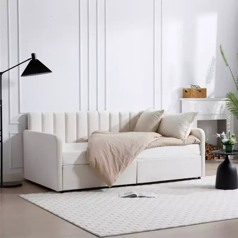 Twin Size Beige Velvet Upholstered Daybed with Ribbed Tufted Backrest