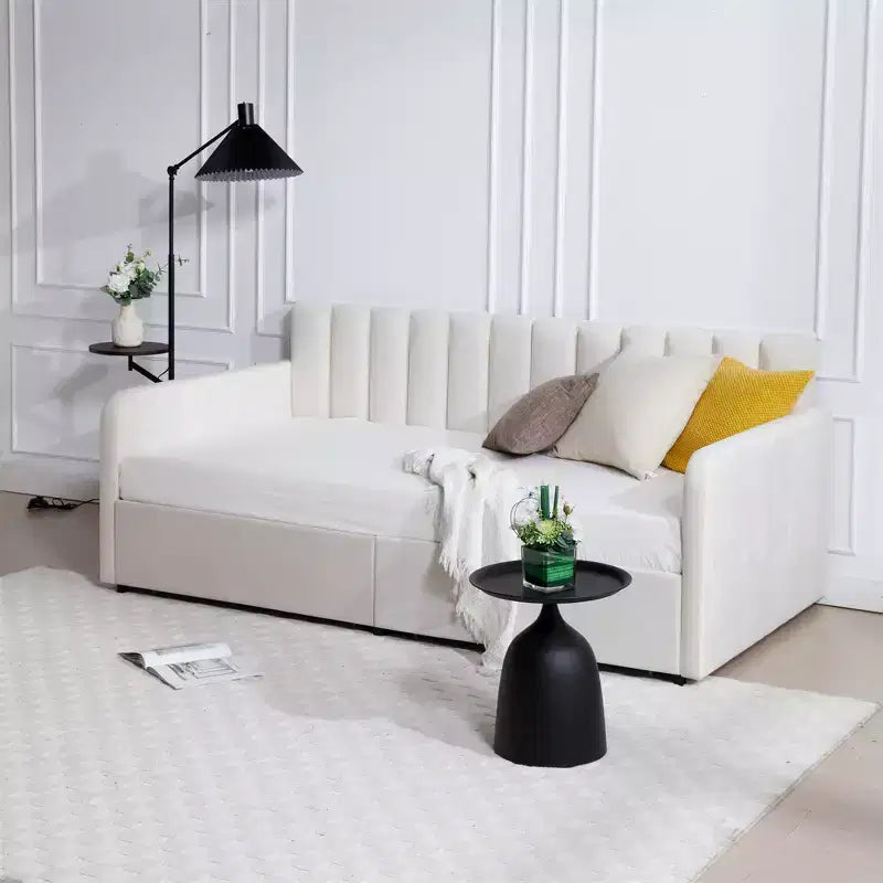 Twin Size Beige Velvet Upholstered Daybed with Ribbed Tufted Backrest
