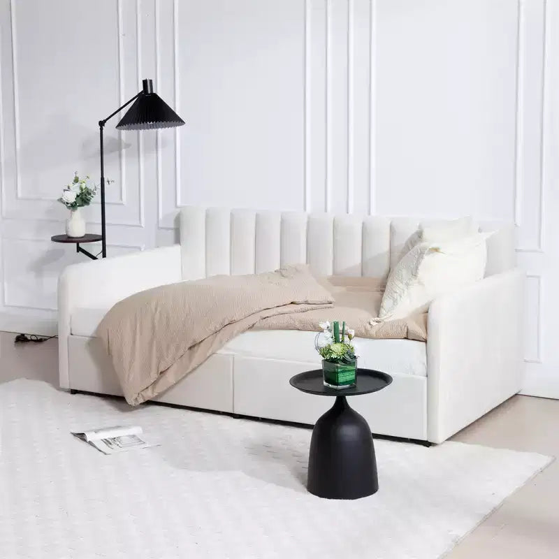 Twin Size Beige Velvet Upholstered Daybed with Ribbed Tufted Backrest