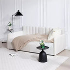 Twin Size Beige Velvet Upholstered Daybed with Ribbed Tufted Backrest