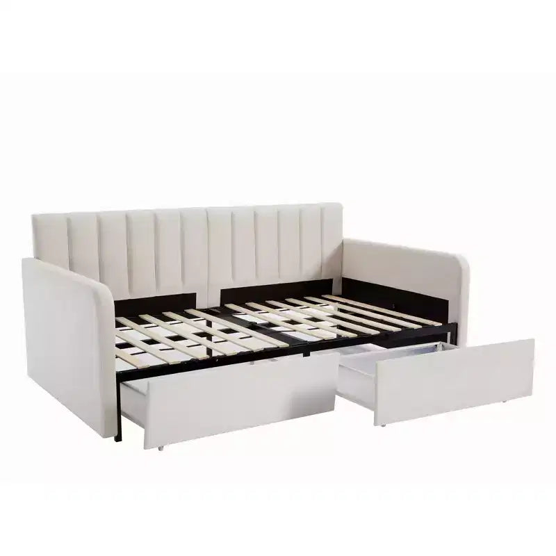 Twin Size Beige Velvet Upholstered Daybed with Ribbed Tufted Backrest