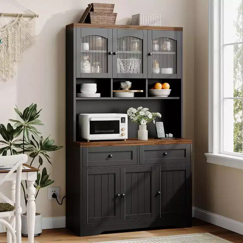 Pantry Cabinet, Tall Kitchen Pantry Storage Cabinet with Hutch, 70.8 Inch Kitchen Cabinet with 30mm Thickened Countertop, Fluted Glass Doors
