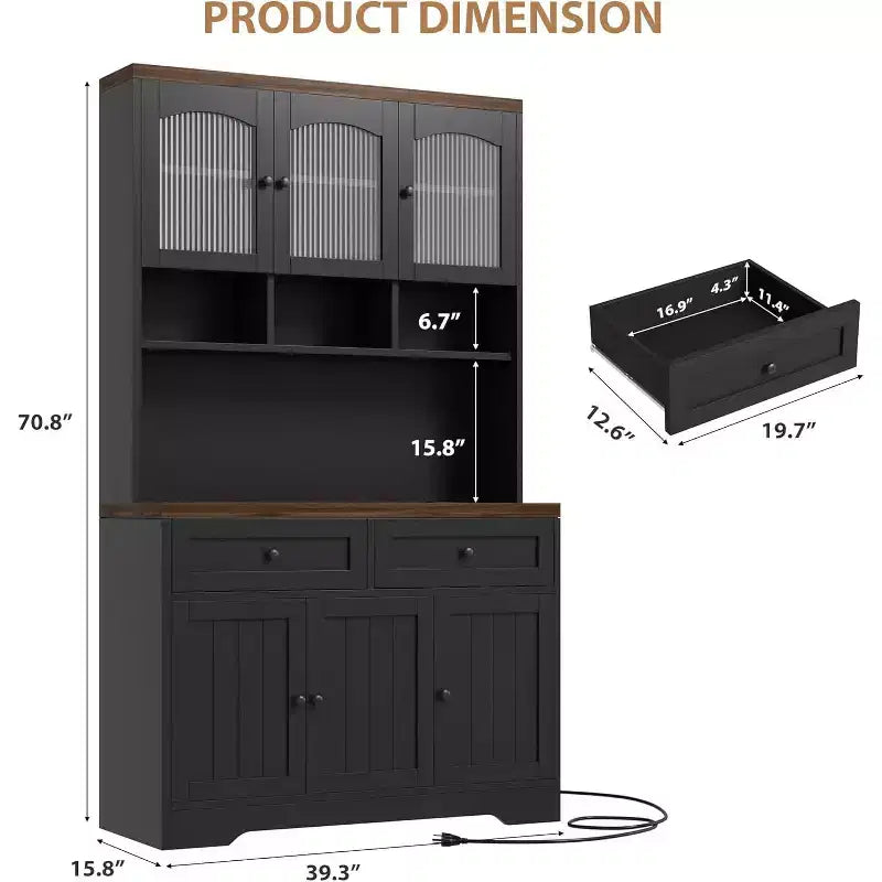 Tall Kitchen Pantry Storage Cabinet with Hutch, 70.8 Inch, 30mm Countertop, Fluted Glass Doors