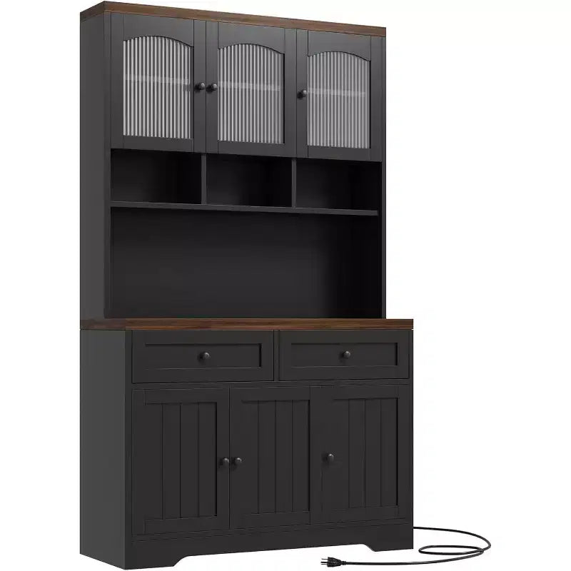 Tall Kitchen Pantry Storage Cabinet with Hutch, 70.8 Inch, 30mm Countertop, Fluted Glass Doors