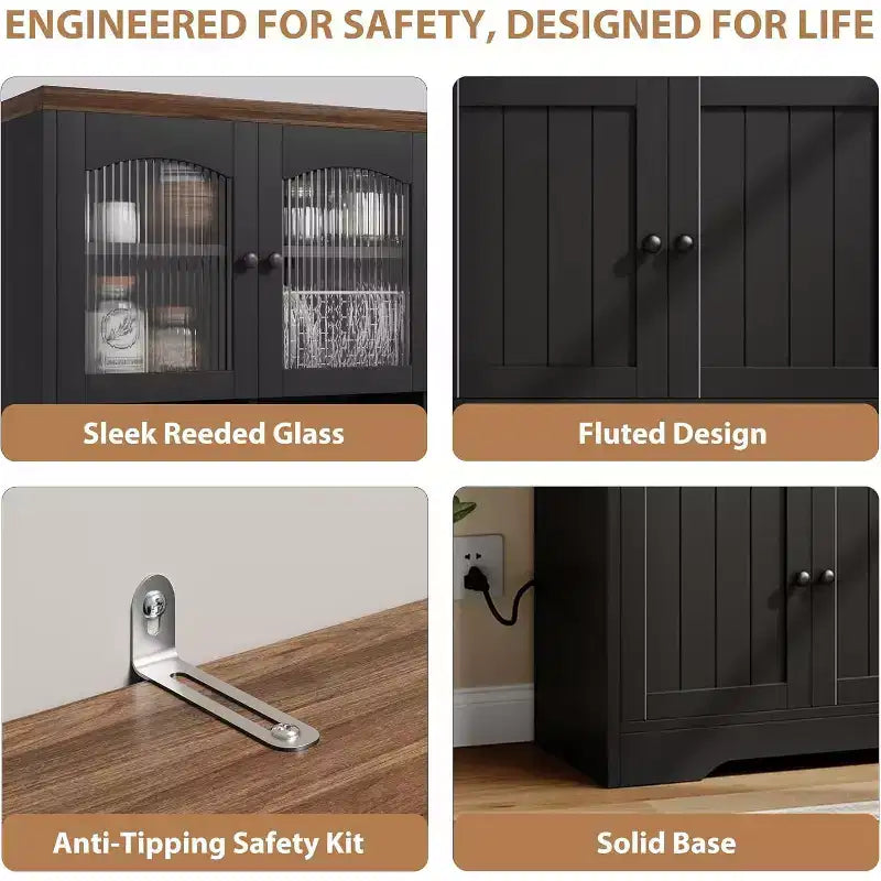 Tall Kitchen Pantry Storage Cabinet with Hutch, 70.8 Inch, 30mm Countertop, Fluted Glass Doors